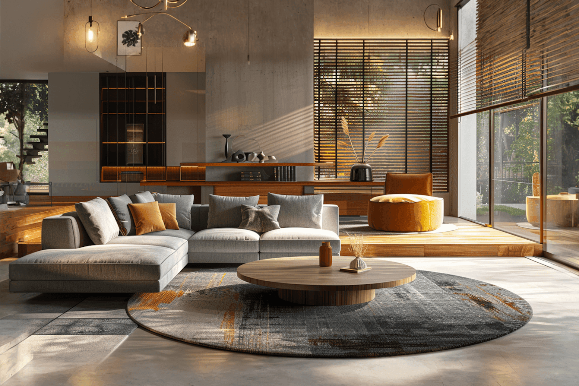 Warm contemporary living room with large windows